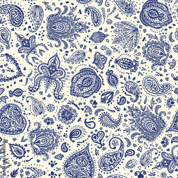 Obraz Damask paisley seamless repeat pattern on white background. Random placed, blue vector heritage, boho elements all over surface print.