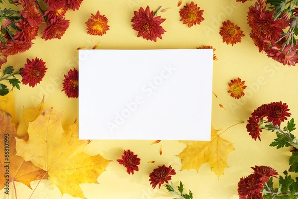 Fototapeta Paper card between red chrysanthemums and maple leaves on yellow background. Mockup. Floral scene with horizontal blank card and pastel flowers. Autumn or Mothers day. Flat lay, copy space.