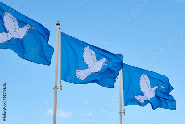 Fototapeta Three blue peace flags in a row printed with a dove with an olive branch in its beak. The dove with the branche is the international symbol of peace.