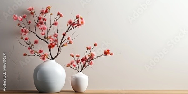 Fototapeta Blank frame mockup in modern interior design with trendy vase and chair on empty white wall background, Horizontal template for painting, photo or poster.