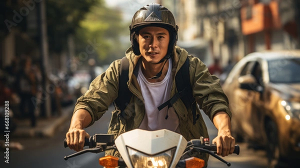 Obraz Asian man riding a motorcycle on the street