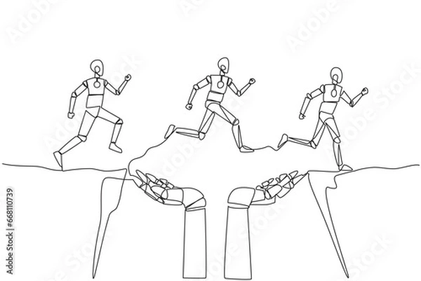 Obraz Single continuous line drawing three robots running through a cliff that has hole in the middle but is supported by large robot hand. Do teamwork towards better direction. One line vector illustration