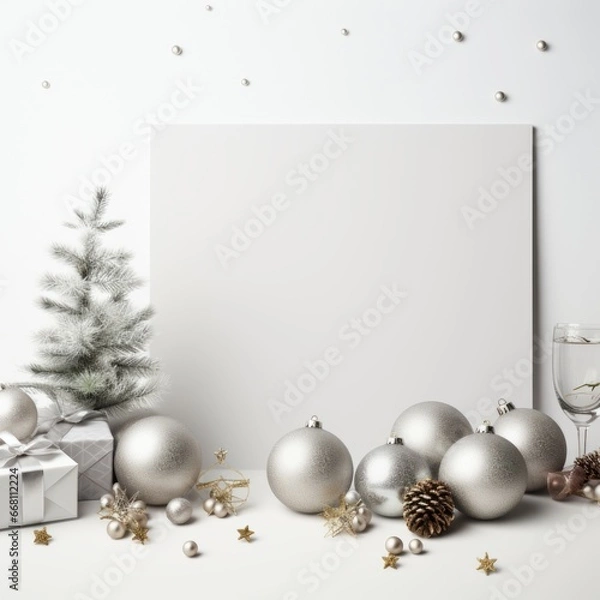 Fototapeta Christmas and New Year holiday banner with a Silver background and a Christmas Dining. Concept with space for text for ads, banners and greeting card