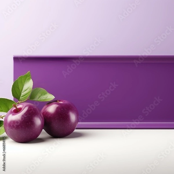 Fototapeta Banner with a Plum Purple background and a Plum with space for text. Creative food concept for ads, banners and greeting card