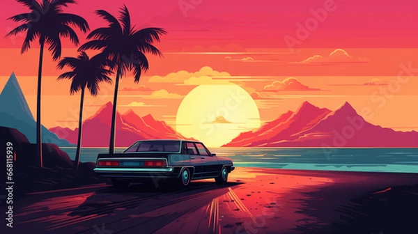 Fototapeta Summer vibes 80s style illustration with car driving into sunset