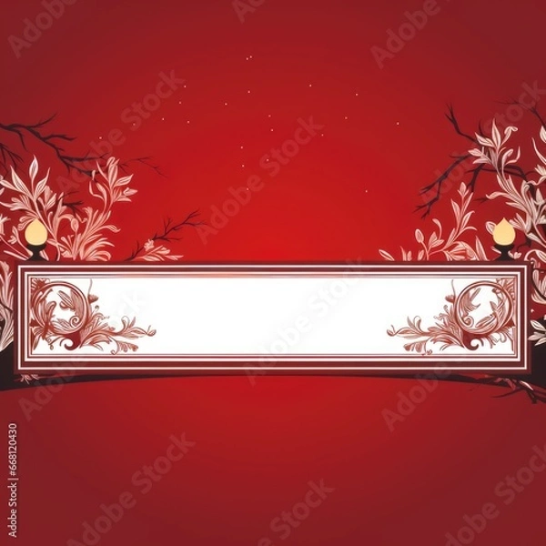 Fototapeta Christmas and New Year holiday banner with a Red background and a Fireplace Mantel. Concept with space for text for ads, banners and greeting card