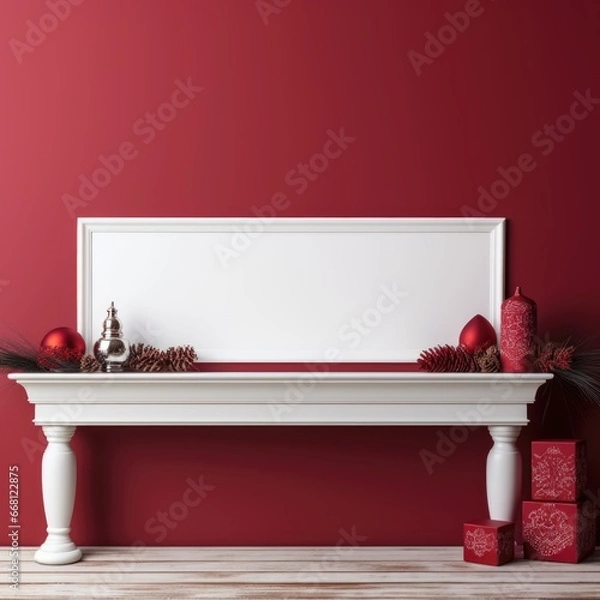 Fototapeta Christmas and New Year holiday banner with a Red background and a Fireplace Mantel. Concept with space for text for ads, banners and greeting card