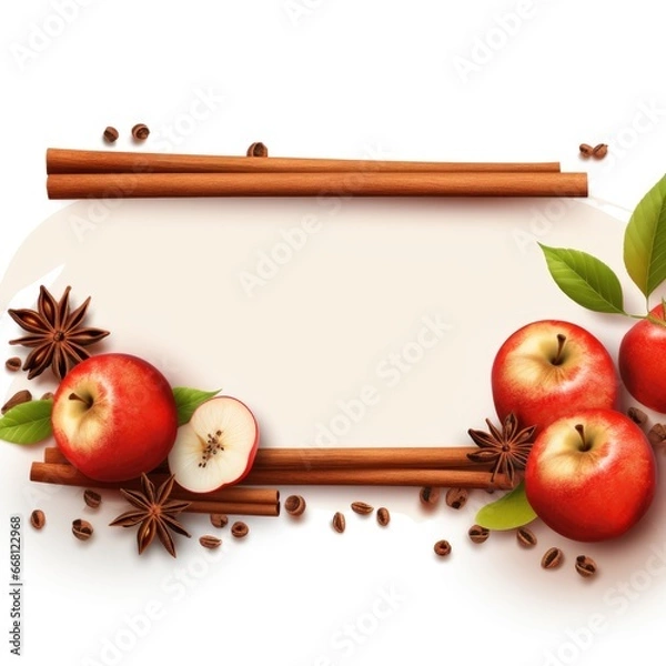 Fototapeta Banner with a Cinnamon background and a Apple with space for text. Creative food concept for ads, banners and greeting card