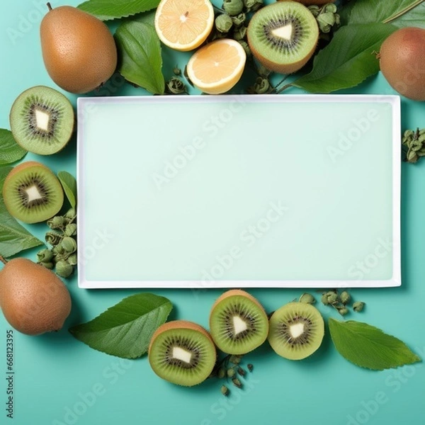 Fototapeta Banner with a Dark Teal background and a Kiwi with space for text. Creative food concept for ads, banners and greeting card
