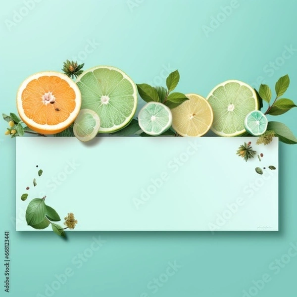 Fototapeta Banner with a Mint background and a Honeydew with space for text. Creative food concept for ads, banners and greeting card