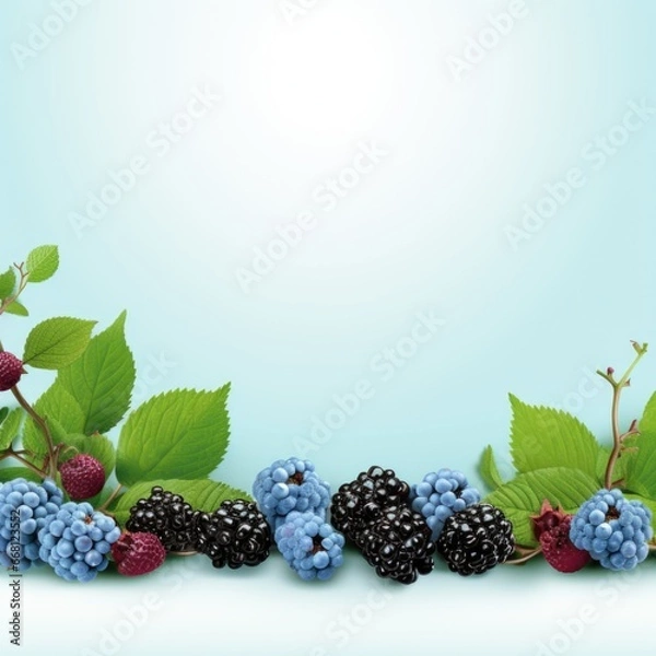 Fototapeta Banner with a Blue Violet background and a Blackberry with space for text. Creative food concept for ads, banners and greeting card