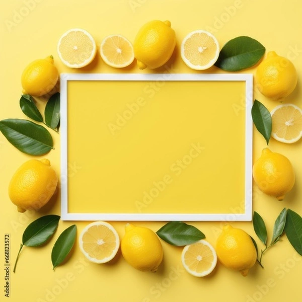 Fototapeta Banner with a Sunshine Yellow background and a Lemon with space for text. Creative food concept for ads, banners and greeting card