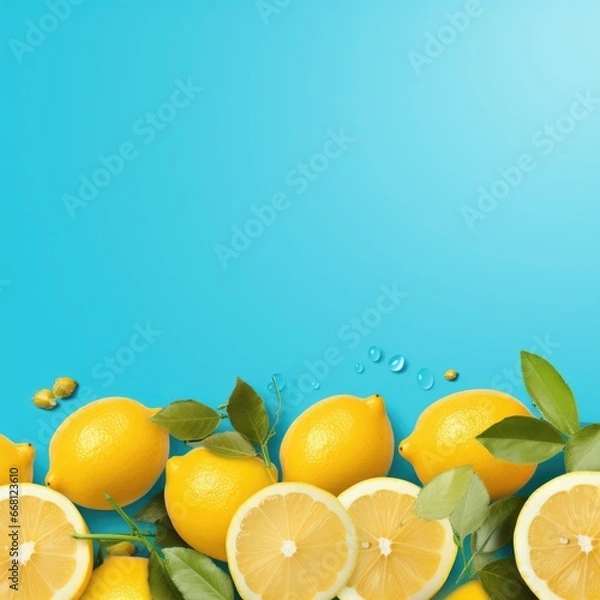 Fototapeta Banner with a Azure background and a Lemon with space for text. Creative food concept for ads, banners and greeting card