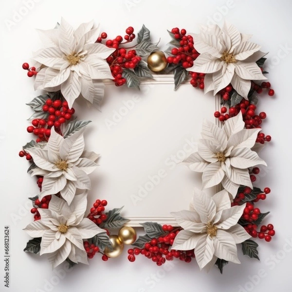 Fototapeta Christmas and New Year holiday banner with a Silver background and a Poinsettia Centerpiece. Concept with space for text for ads, banners and greeting card