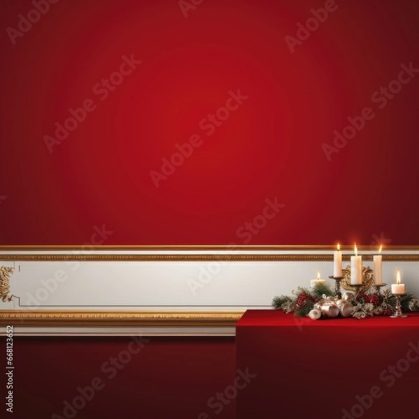 Fototapeta Christmas and New Year holiday banner with a Red background and a Fireplace Mantel. Concept with space for text for ads, banners and greeting card