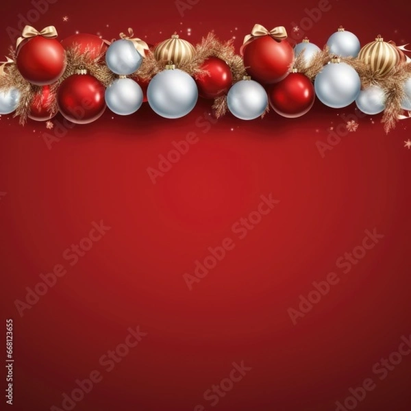 Fototapeta Christmas and New Year holiday banner with a Red background and a Festive Decor. Concept with space for text for ads, banners and greeting card