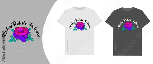 Obraz Relax Relate Release Vibrant Red-Purple Flowers with Inspirational Words in Calligraphic Script for T-shirt. Vector illustration.
