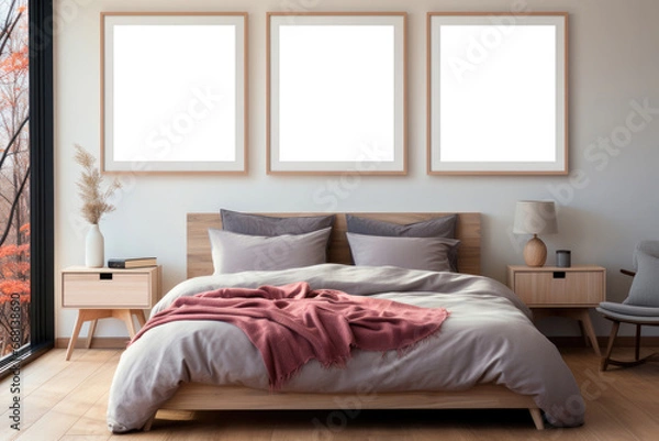 Fototapeta Mockup poster or painting in frame on the wall above the bed in Scandinavian style