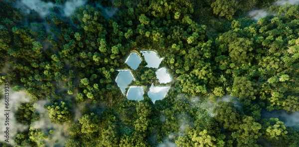 Fototapeta Recycling Symbol Amidst Nature: A Clarion Call for Climate Conservation and Waste Prudence. 3d rendering.