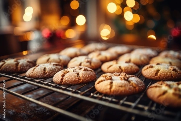 Fototapeta Baking Festive Cookies - Freshly baked Christmas cookies in various shapes cooling on a wire rack - Christmas Preparations - AI Generated