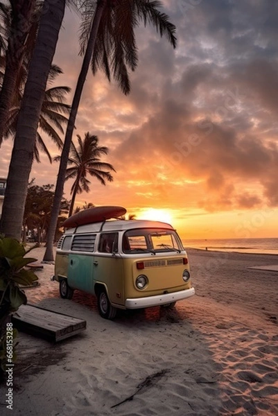 Fototapeta Vintage bus with a surfboard on the roof is a parked near the beach