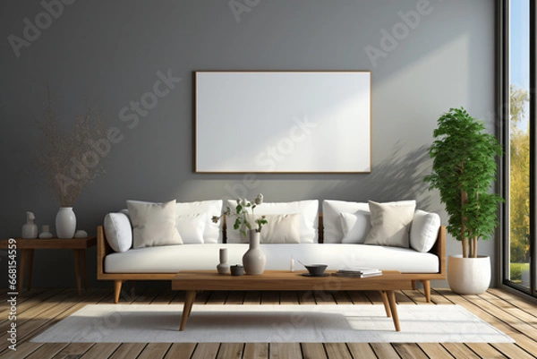 Fototapeta Blank white picture/art frame in a light and modern living room. Mock up template for Design or product placement