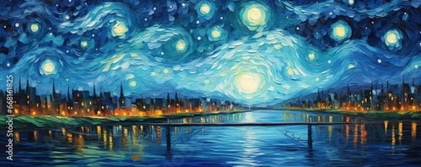 Fototapeta painting style illustration, beautiful countryside town under starry night sky, Generative Ai