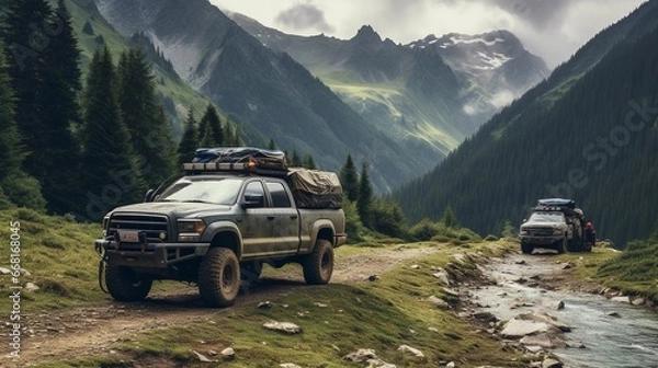 Obraz A trip to the mountains by car, four-wheel drive