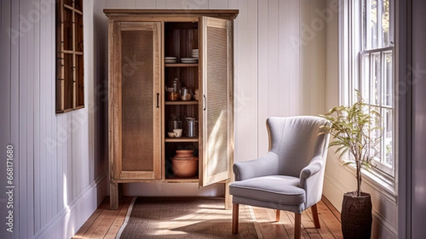 Fototapeta Modern farmhouse home decor and interior design, armchair and dresser in English country house and elegant cottage style
