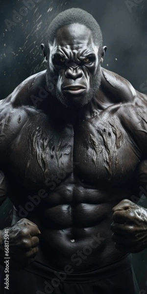 Obraz A man wearing a gorilla mask poses for a picture. This image can be used for various purposes, such as Halloween-themed designs or humorous content.