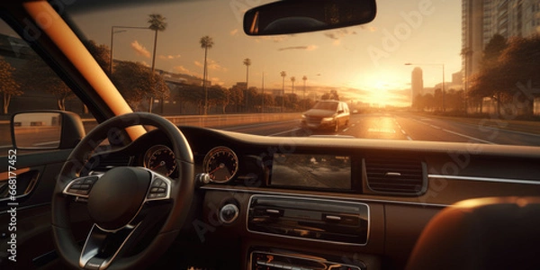 Fototapeta A picture of a car driving down a road during a beautiful sunset. 