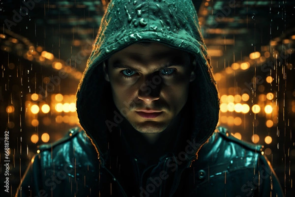 Fototapeta The dark web hooded hacker, digital binary code on background