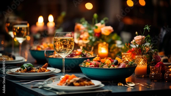 Fototapeta Glamorous New Year's Eve Celebration Table Decor with Sparkling Elegance. Generative AI.