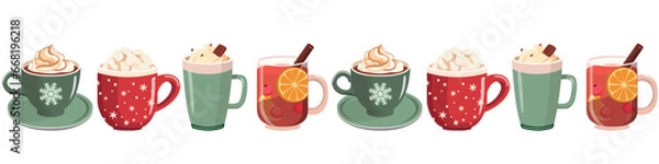 Obraz Winter holiday seamless border with hot drinks in mugs. Background for cozy winter design. Isolated on white background.