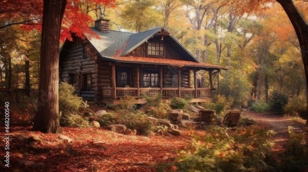 Fototapeta Rustic coffee cabin amidst fall foliage. AI generated