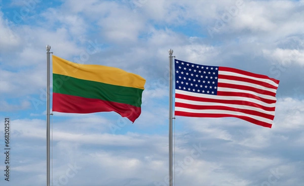 Fototapeta USA and Lithuania flags, country relationship concepts