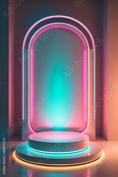 Obraz podium with realistic neon lights background made with Generative AI