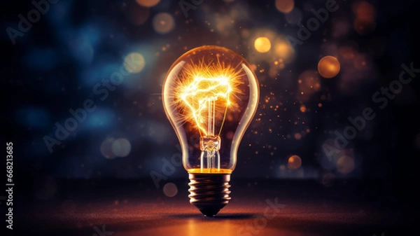 Obraz Glowing light bulb on dark background with bokeh effect 3D rendering. Creativity concept