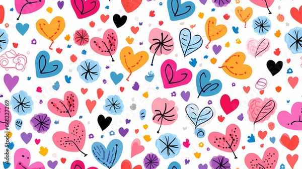 Fototapeta Colorful repeating hearts seamless pattern wallpaper. cute hearts on a white background for crafts, scrapbooking, textiles, cards, art projects