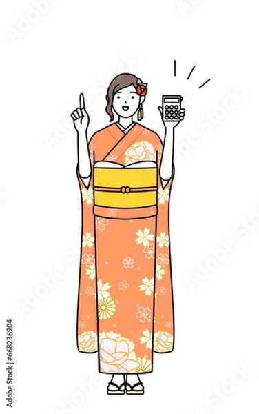 Fototapeta 電卓を持って指さす振袖姿の女性、お正月の初詣や成人式、卒業式や結婚式などで