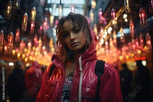 Fototapeta Portrait of young beautiful girl in bright stylish clothes against night city lights background. Sexy girl posing on night city street. Teen girl in a night city. Youth nightlife and urban atmosphere.