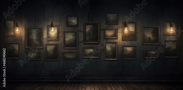 Fototapeta dramatic dark abandoned room with photo frames on the wall and dimly lit lighting. Generative AI