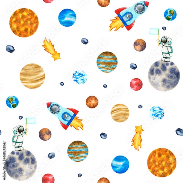 Fototapeta Seamless pattern galaxy with planets clip art. Cute Astronaut and rocket in space isolated on white background. Watercolor Illustration of outer space with stars