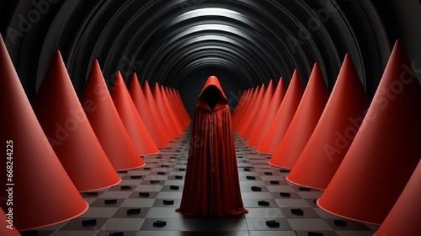 Fototapeta A solitary figure cloaked in crimson stands among a sea of fiery cones, their enigmatic presence adding a burst of passion to the stark, minimalist room