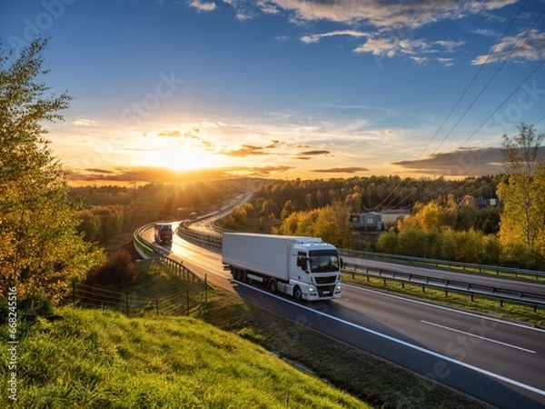 Fototapeta Trucks driving on the highway winding through forested landscape in autumn colors at sunset