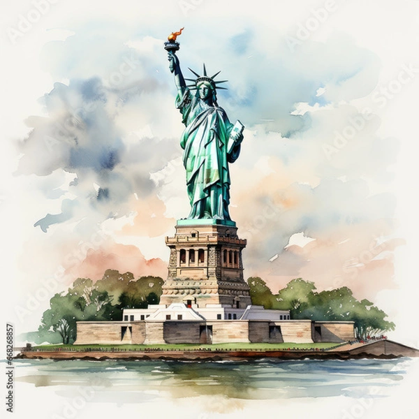 Fototapeta watercolor Statue of Liberty clipart, Generative Ai