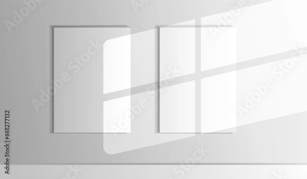 Fototapeta Mockup white frame photo on wall. Mock up artwork picture framed. Vertical border with shadow, with shadow. Empty A4 photo frame. Modern stylish 3d. Design prints poster, letterhead, painting image