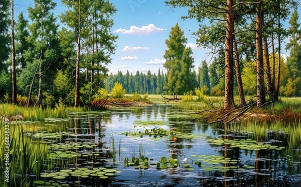 Fototapeta Small forest lake with water lilies on a sunny day