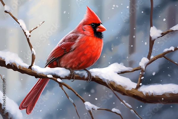 Obraz red cardinal bird perched on a snowy branch