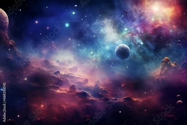 Fototapeta Abstract colorful cosmos background. Planets and galaxies, sky and stars in universe.